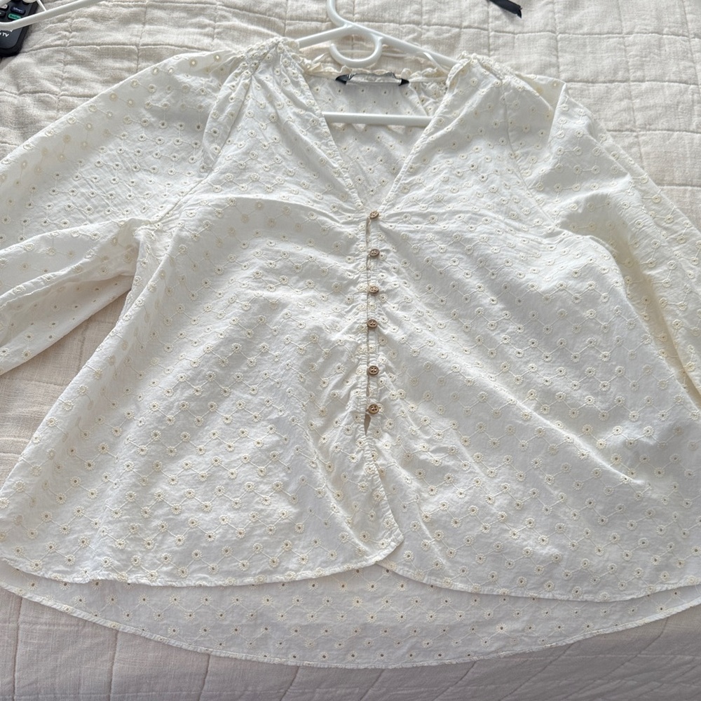 Zara Cream Eyelet Button-Front Blouse